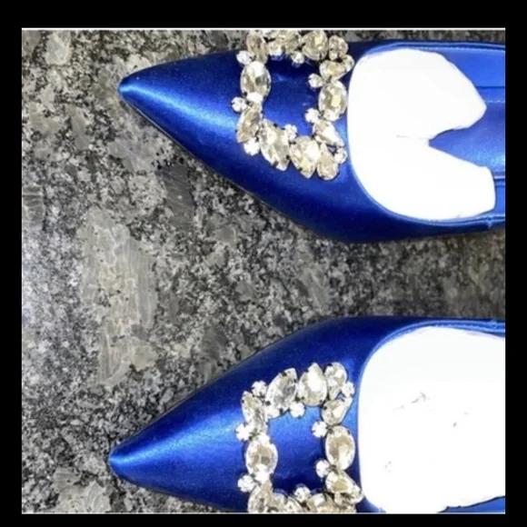 Nine West pointy toe Blue Satin sexy pumps heels with crystal applicae Size 9M - Picture 6 of 10